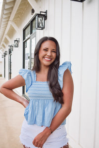 blue embroidered top ruffled sleeves