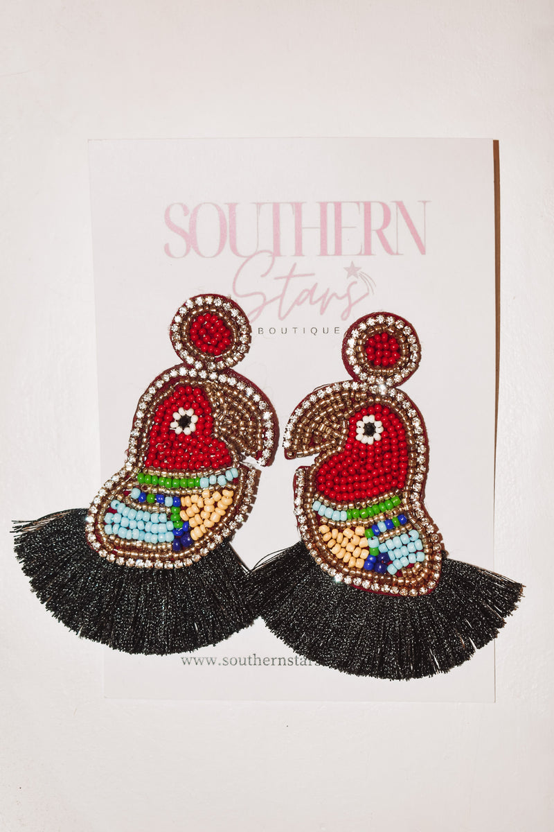 Southern Stars Boutique black, red turquoise, and yellow toucan seed beaded earrings