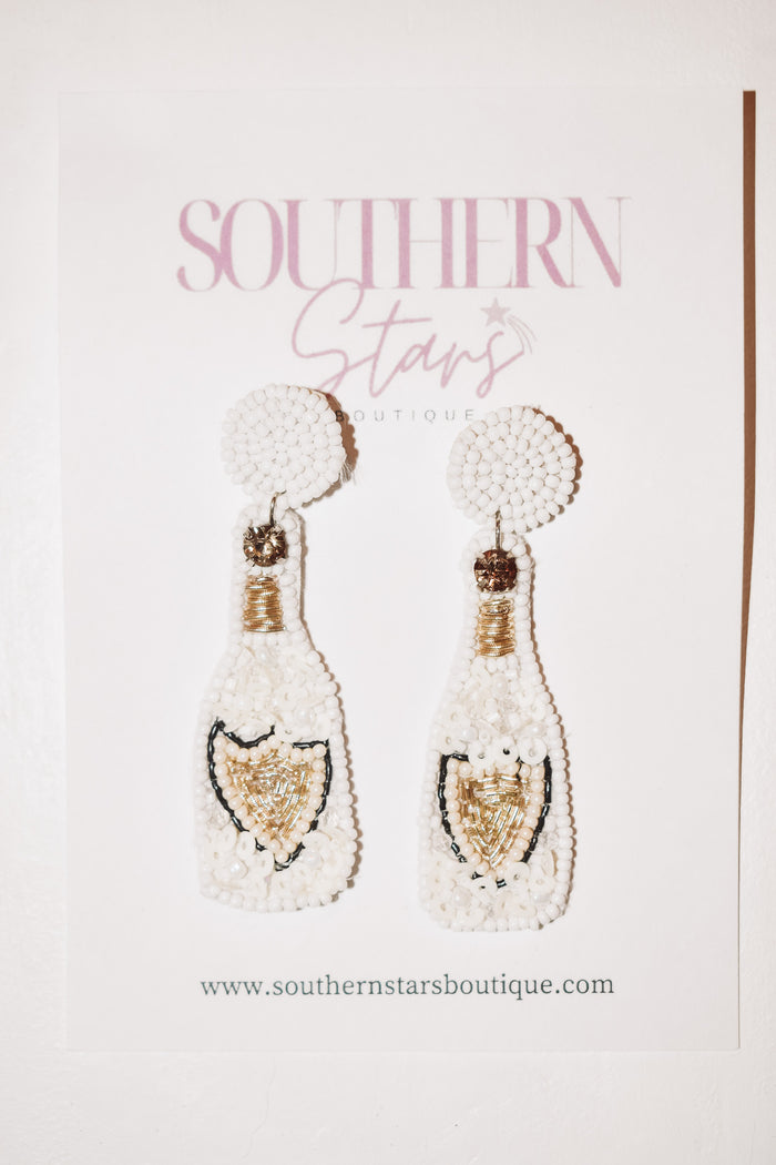 Champagne Bottle Beaded Earrings - White