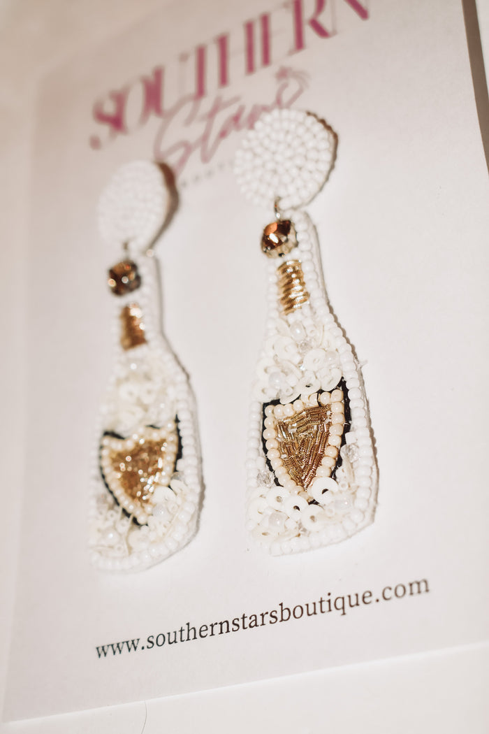 Champagne Bottle Beaded Earrings - White