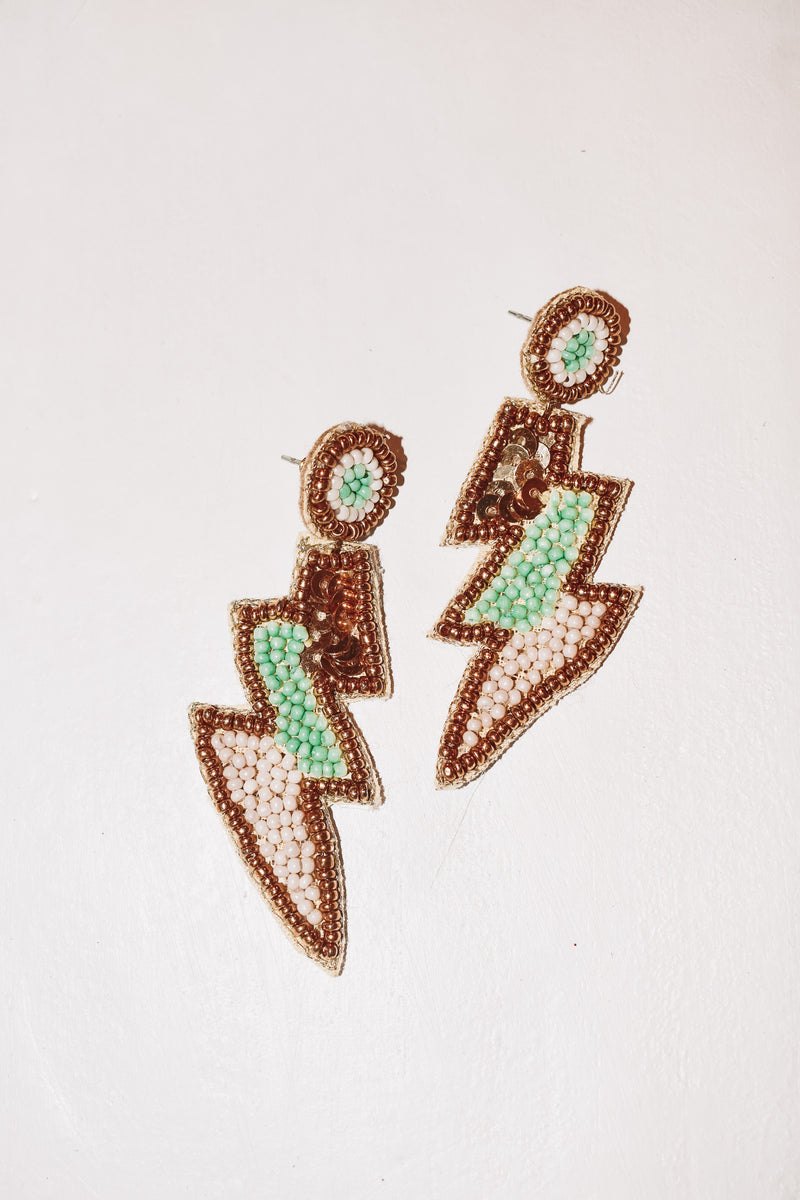 Mint and white seed bead and sequin lightning bolt earrings