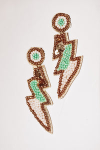 Mint and white seed bead and sequin lightning bolt earrings