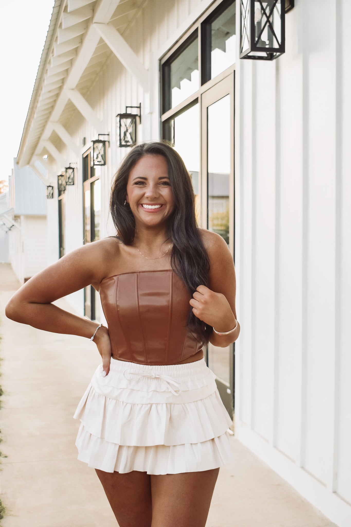 Tiered Faux Leather Ruffle Skirt Ivory