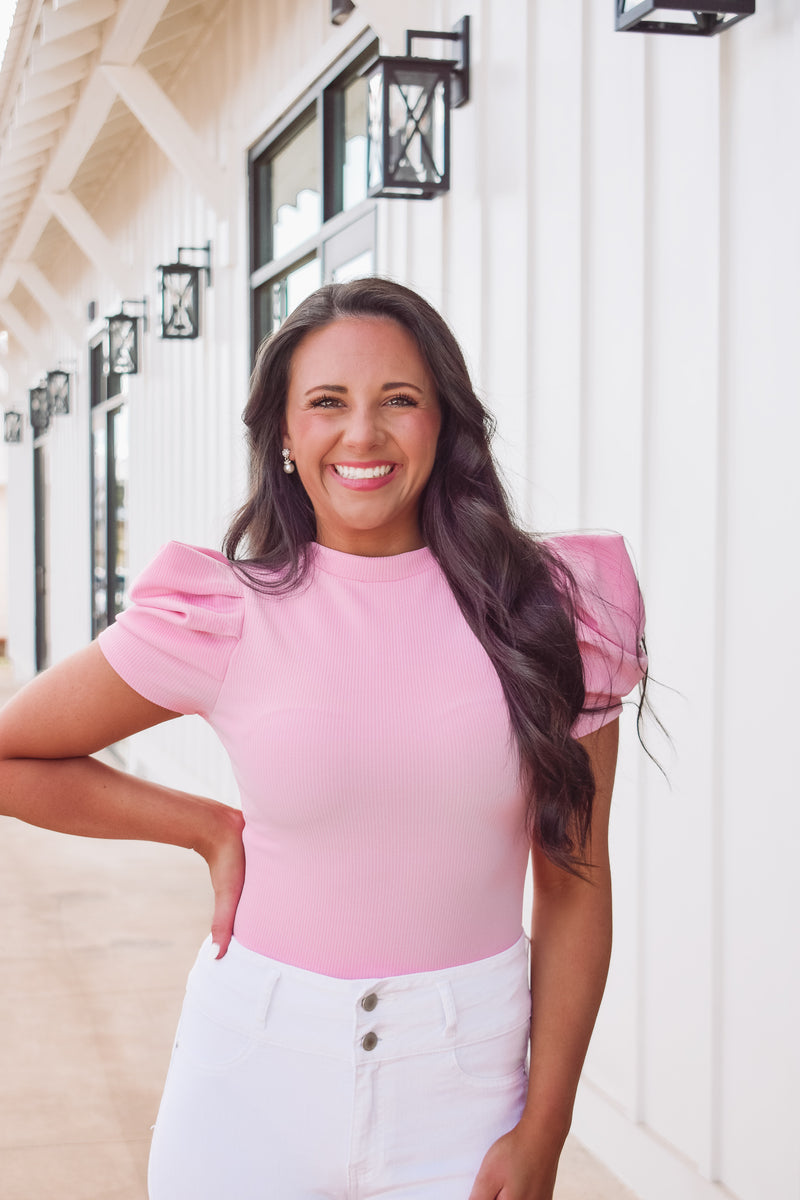 Bubblegum pink bodysuit with puff sleeve shoulder