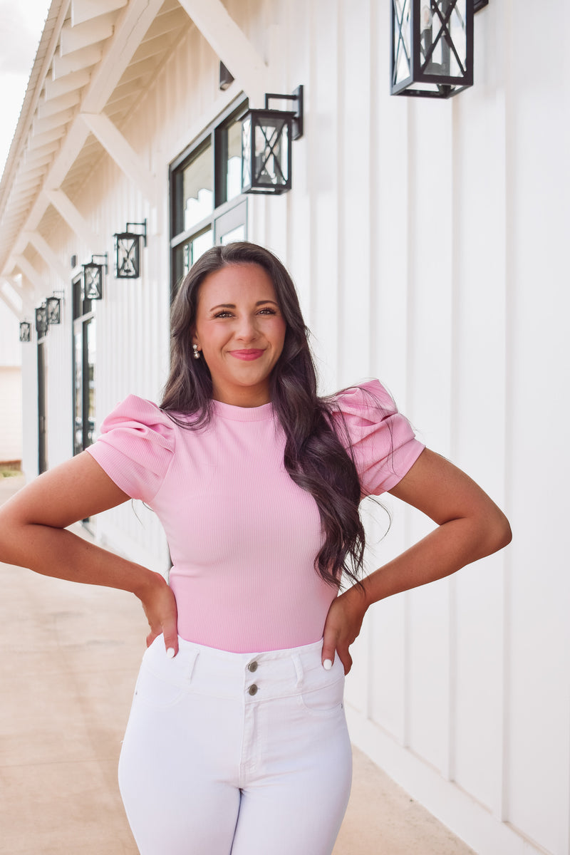 bubblegum pink bodysuit with puff sleeve shoulder