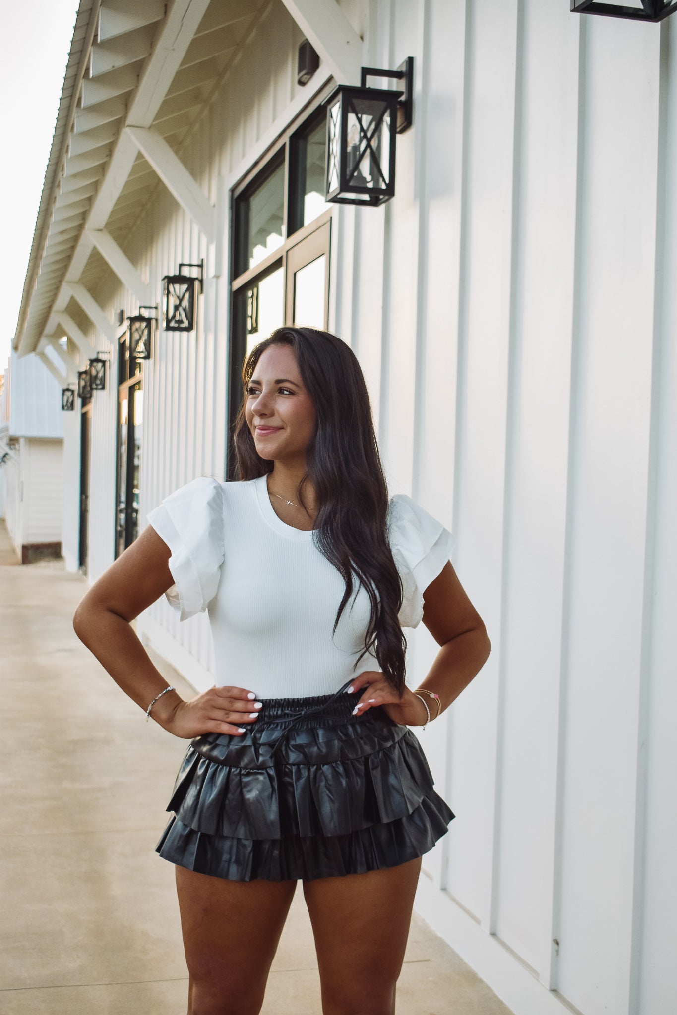 Black faux shop leather ruffle skirt