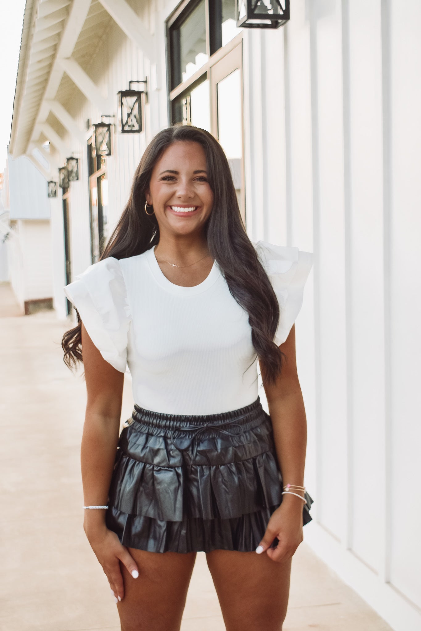 Black pleather outlet skirt white top