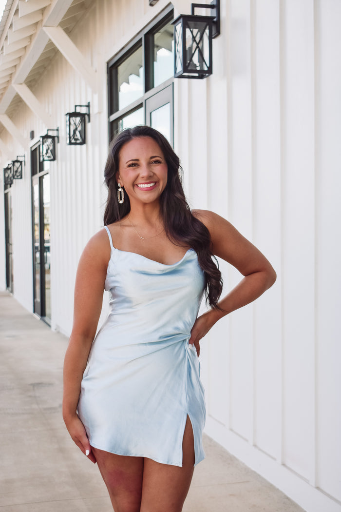 satin sky blue colored mini dress