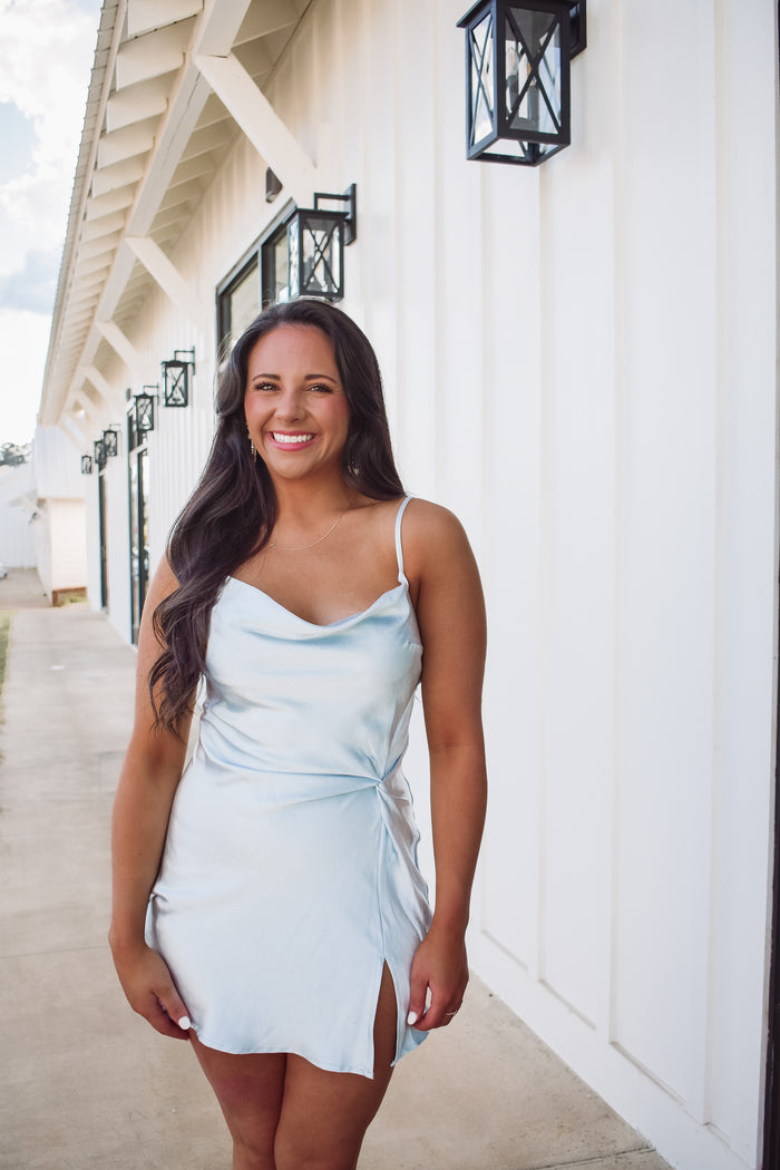 satin sky blue colored mini dress