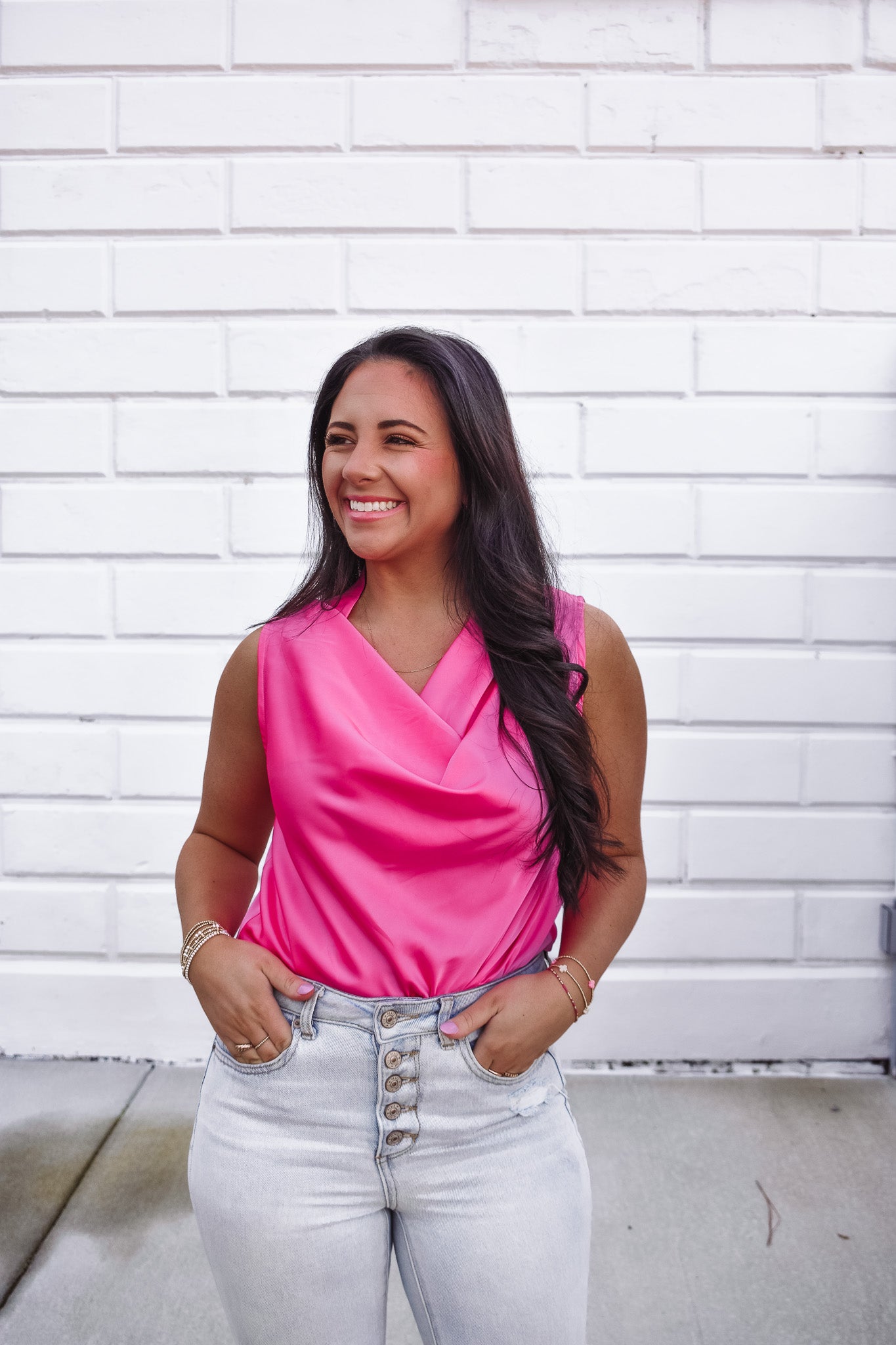 pink satin cowl neck top