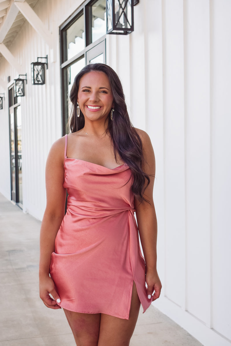 rose gold satin mini dress Bebe Satin Cowl Neck Wrap Dress Rose Gold XS