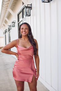 satin rose colored mini dress