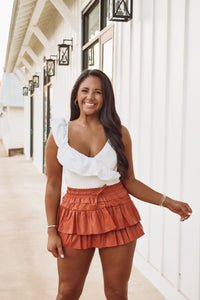 Tiered Faux Leather Ruffle Skirt - Rusty Brown