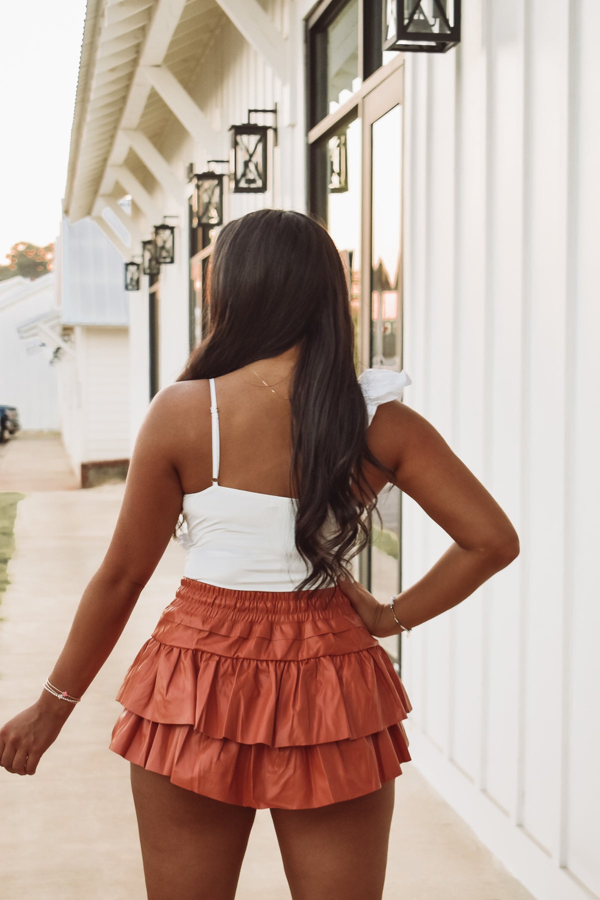 Tiered Faux Leather Ruffle Skirt - Rusty Brown