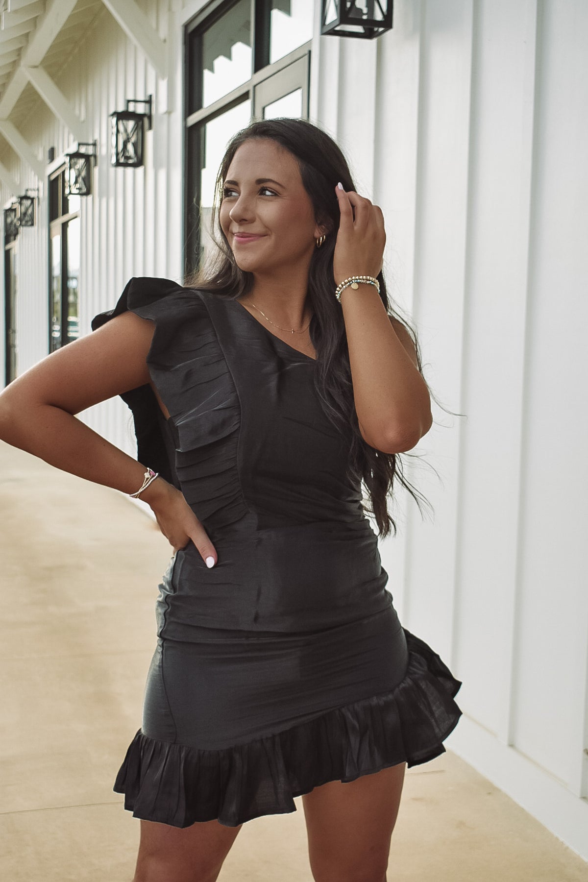 black metallic one shoulder dress Black Metallic One Shoulder Ruched Mini Dress
