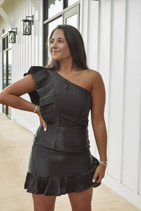 Metallic One Shoulder Dress - Black