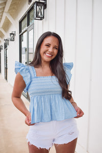 blue embroidered top ruffled sleeves 