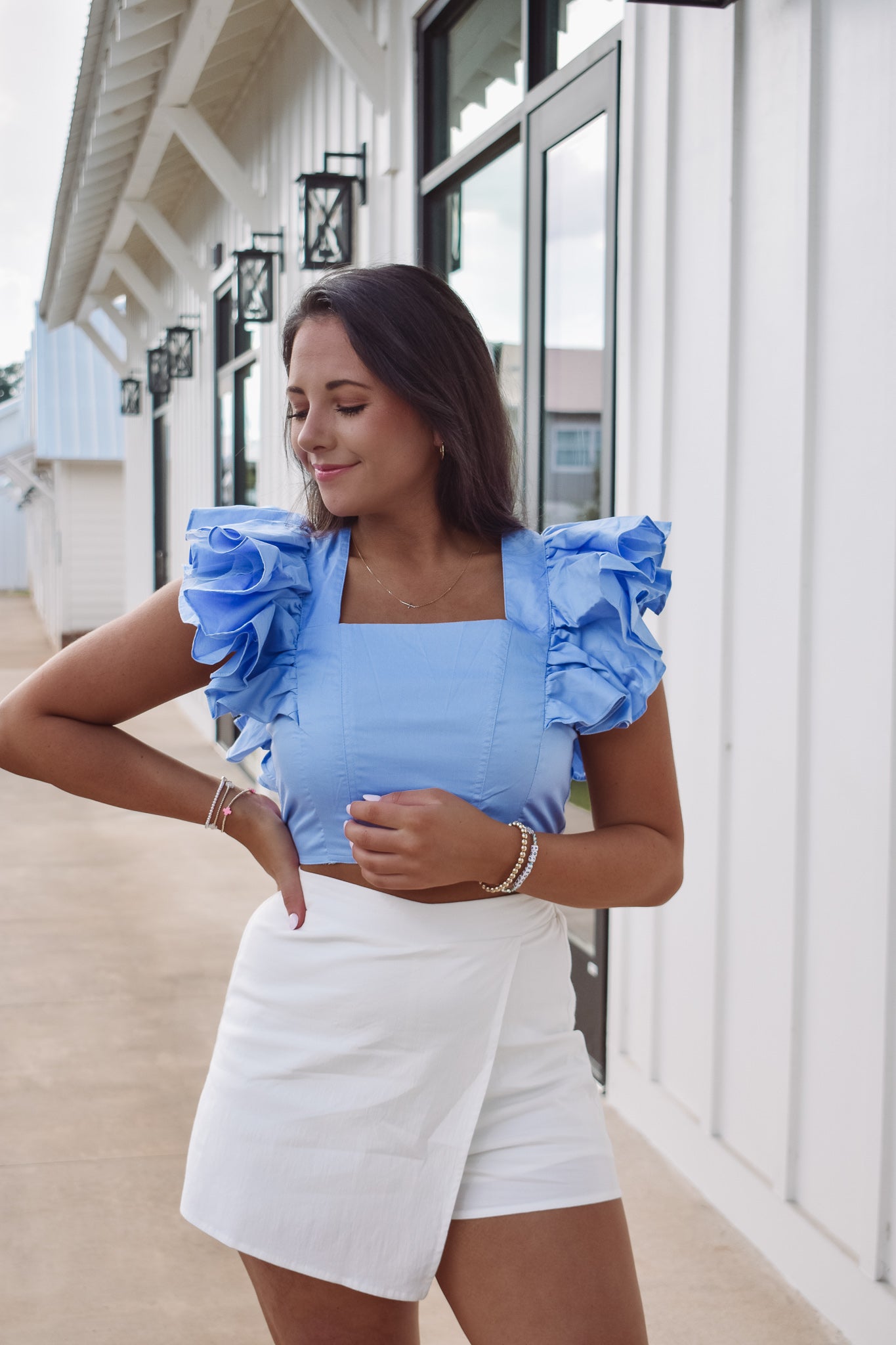 navy ruffle top