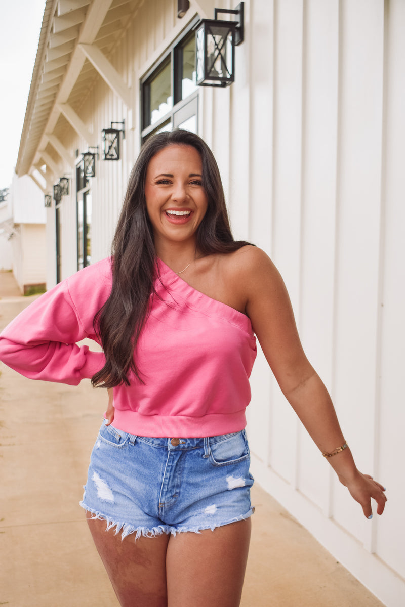 one shoulder cropped sweatshirt top in pink! 