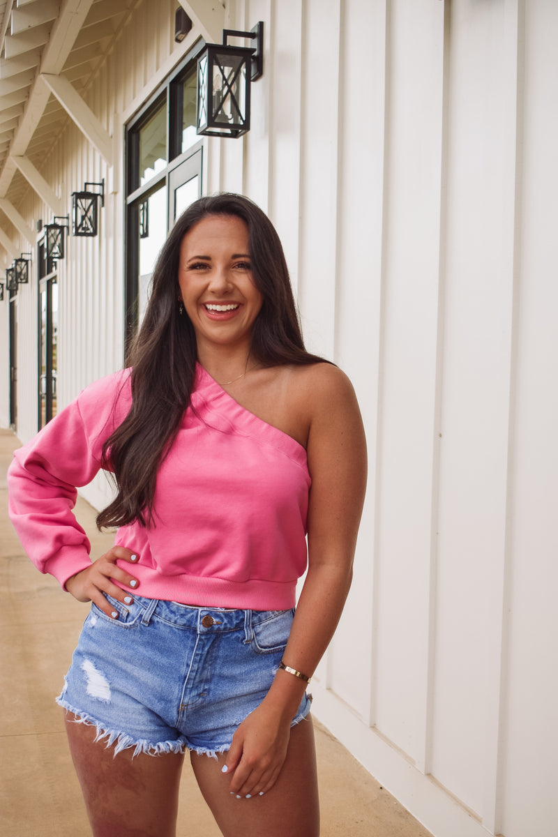 one shoulder cropped sweatshirt top in pink! 