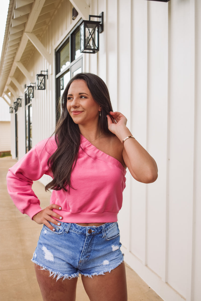 one shoulder cropped sweatshirt top in pink! 