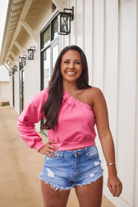 one shoulder cropped sweatshirt top in pink! 