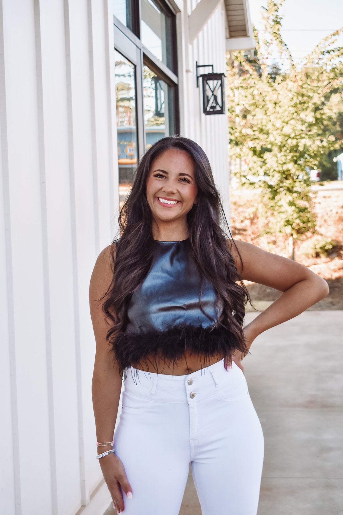 black faux leather feather top 