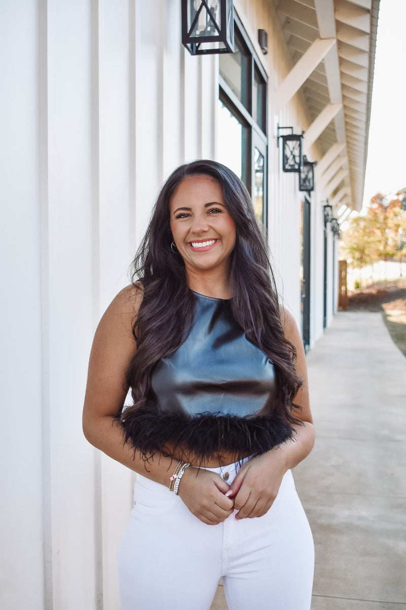 black faux leather feather top 