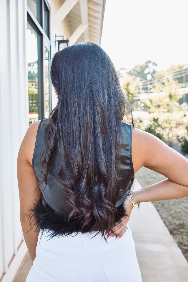 black faux leather feather top 