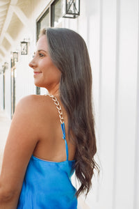 Beautiful ocean blue colored satin top with chain-link adjustable straps