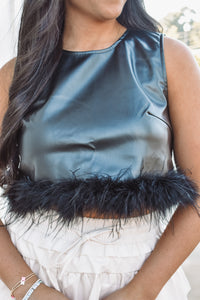 black faux leather feather top 