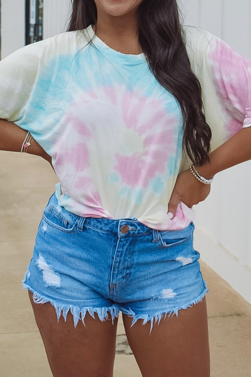 Cotton candy swirl tee in pastel-colored tie dye print.  Each piece is hand dipped and one of a kind! 