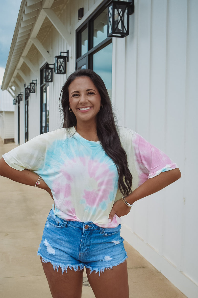 Cotton candy swirl tee in pastel-colored tie dye print.  Each piece is hand dipped and one of a kind! 