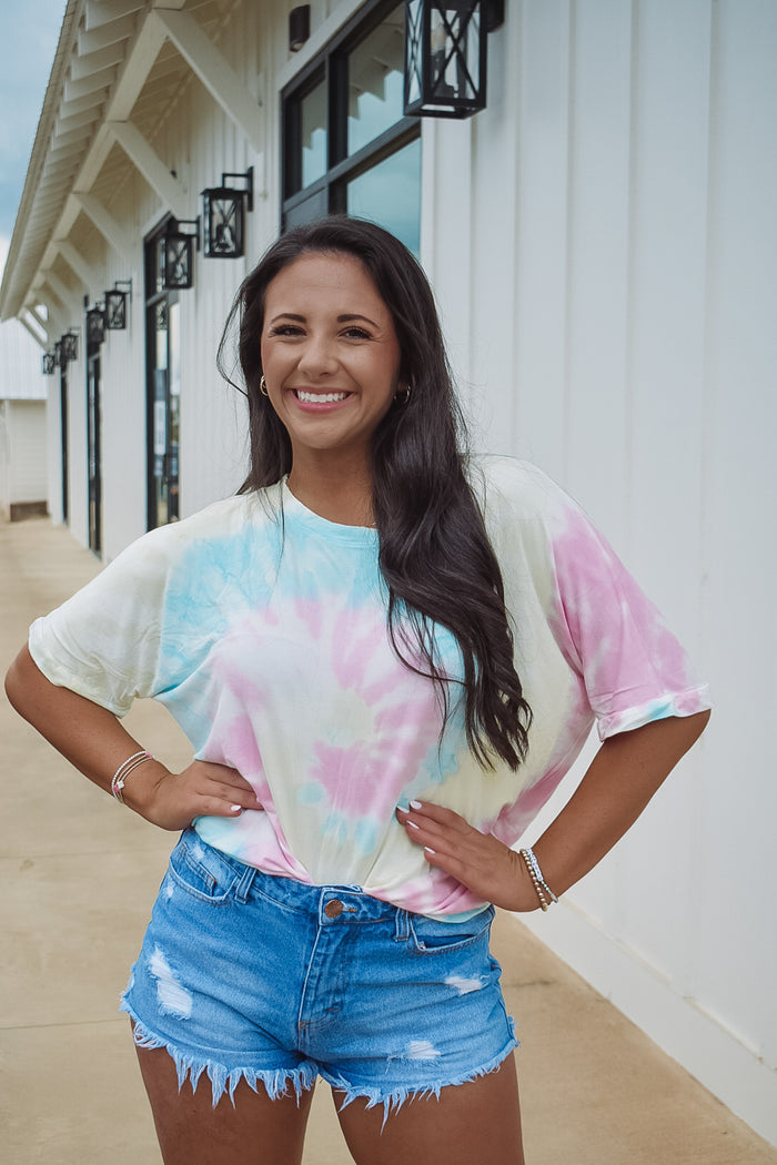 Cotton candy swirl tee in pastel-colored tie dye print.  Each piece is hand dipped and one of a kind! 