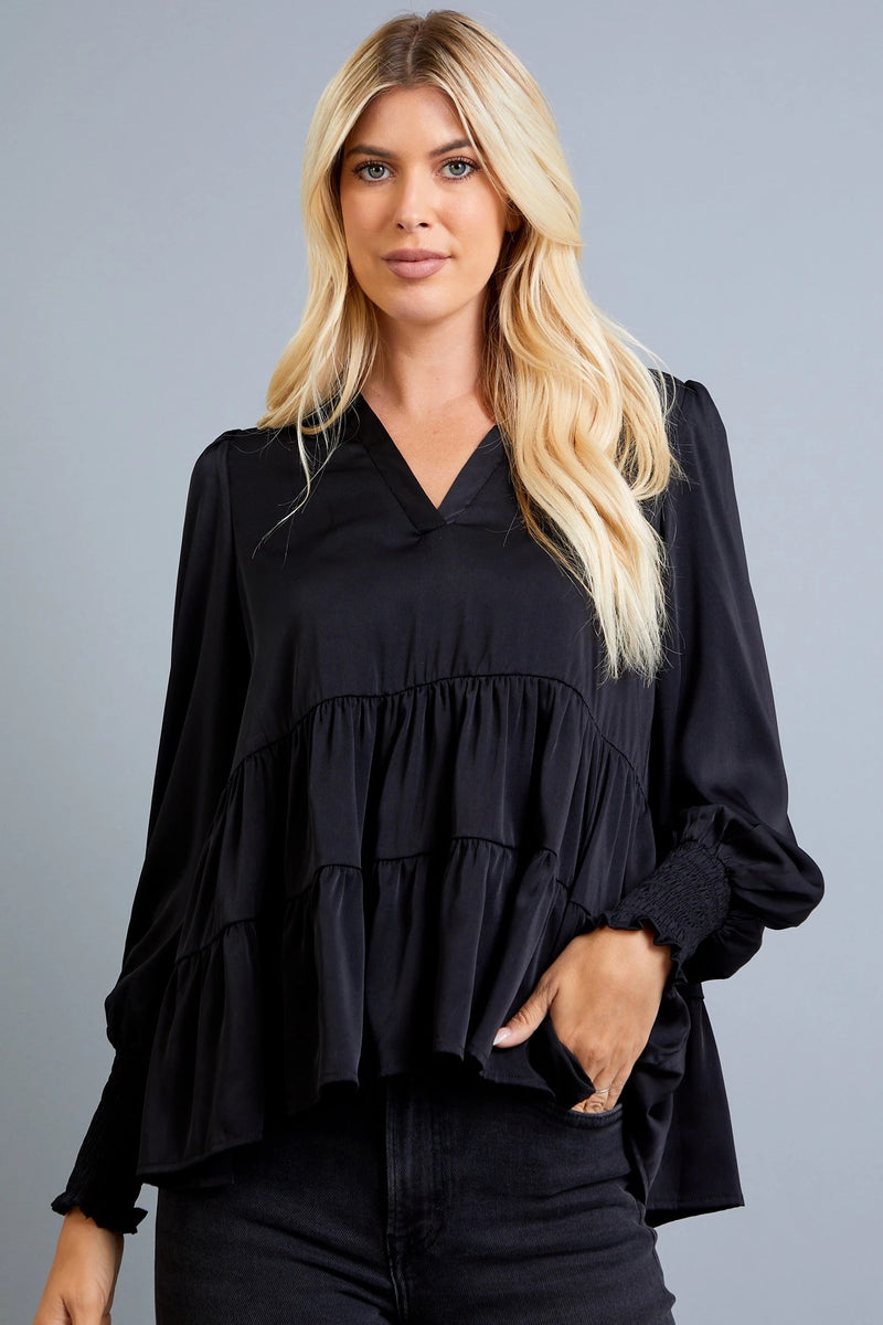 Mable Satin Tiered Top - Black