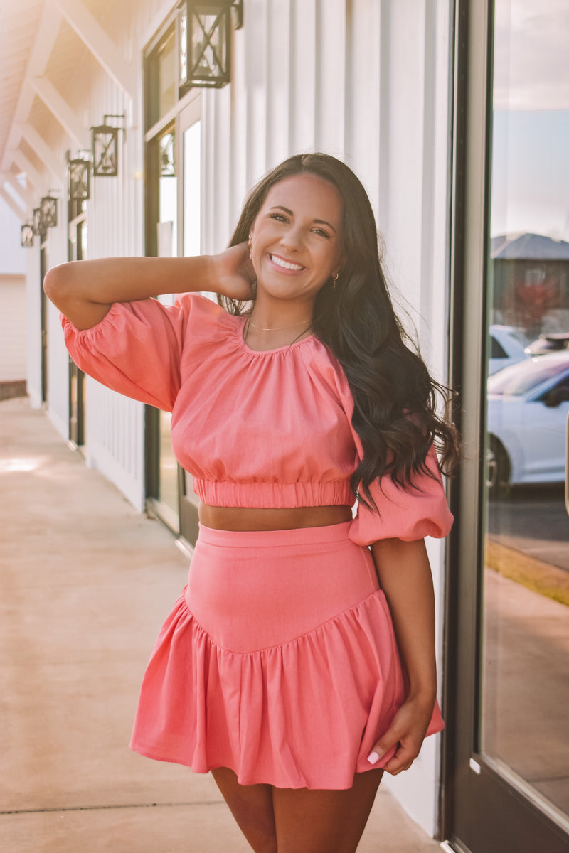 Lyla Puff Sleeve Crop Top & Skirt Set - Coral