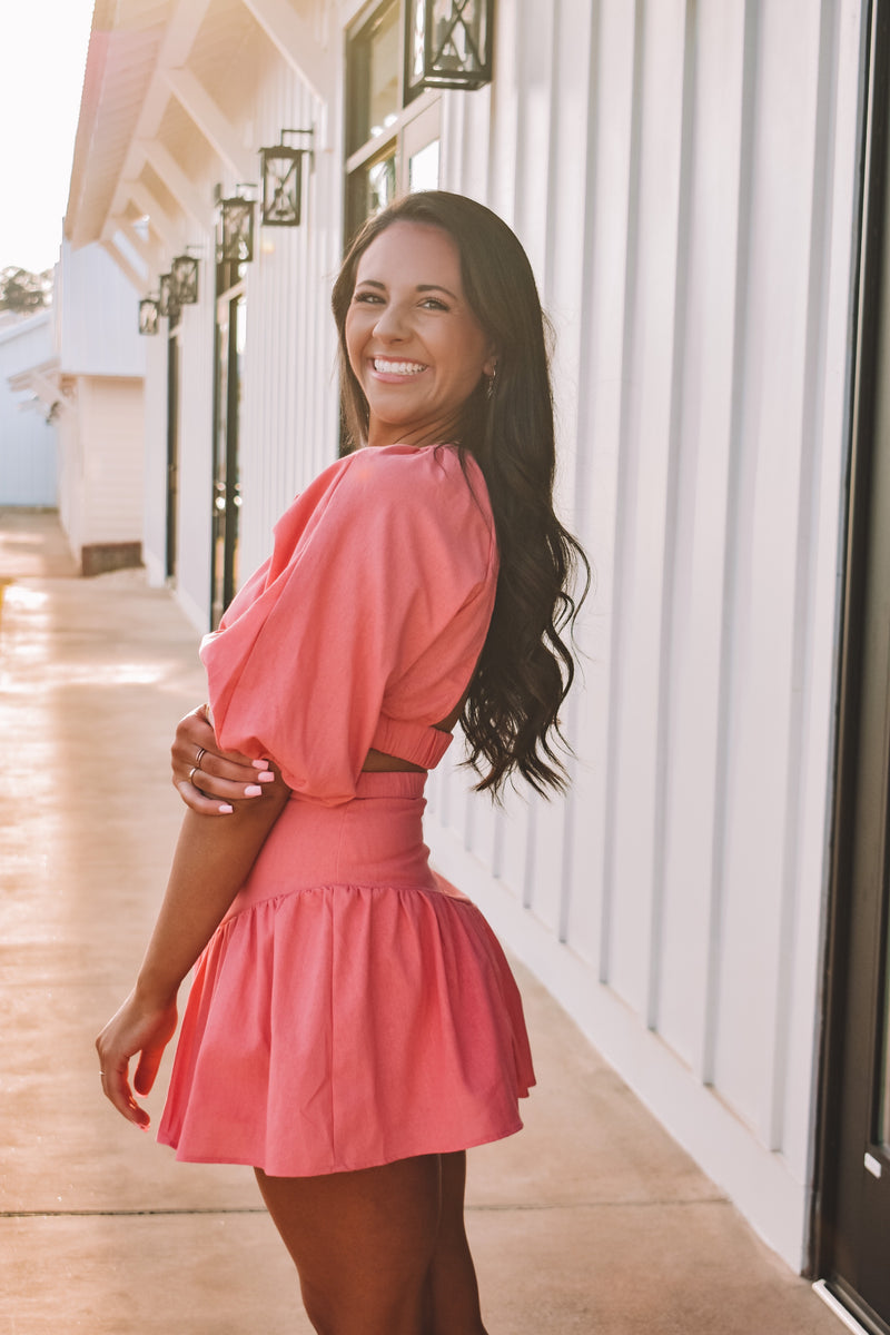 Lyla Puff Sleeve Crop Top & Skirt Set - Coral