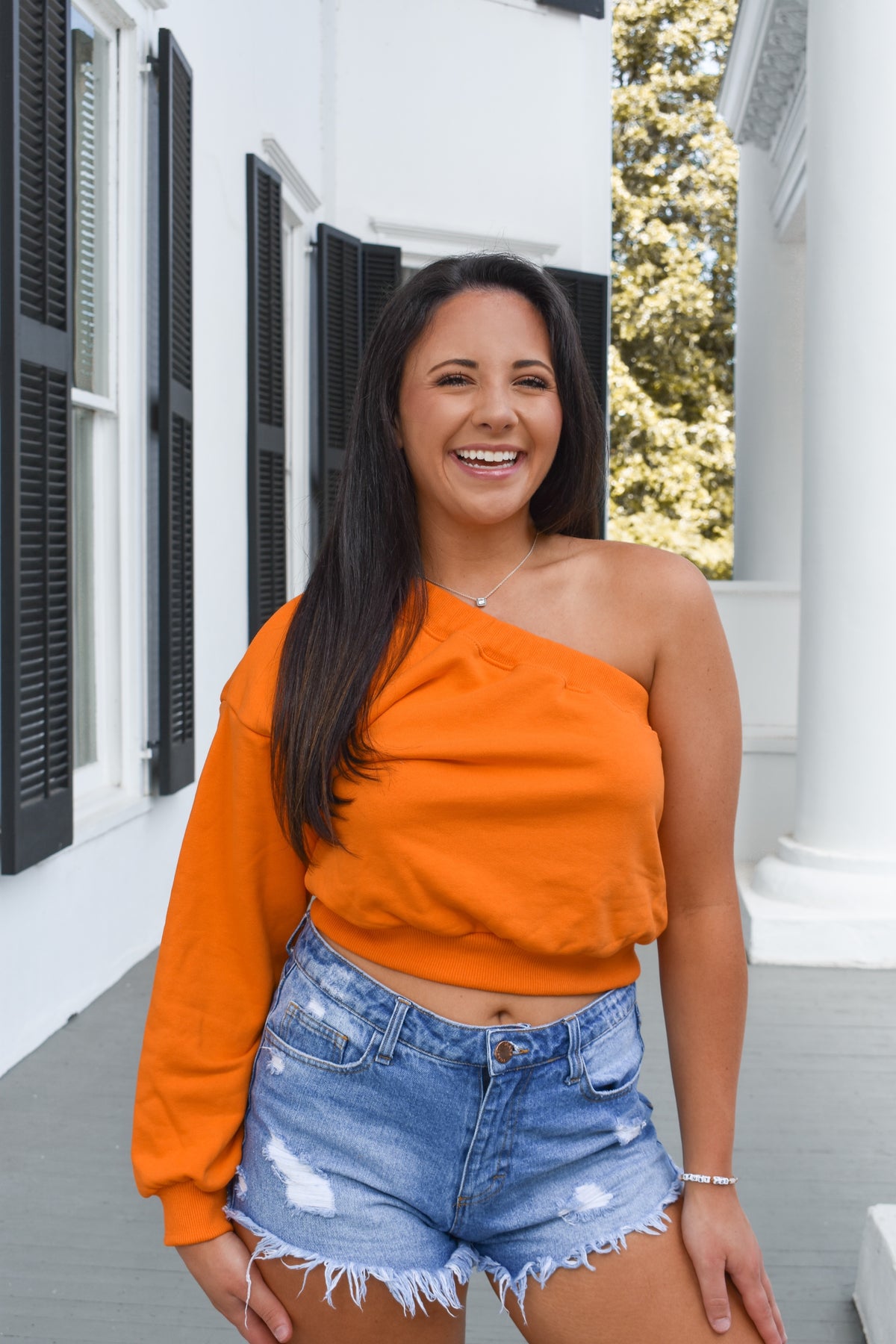 Orange One Shoulder Sweatshirt Top1