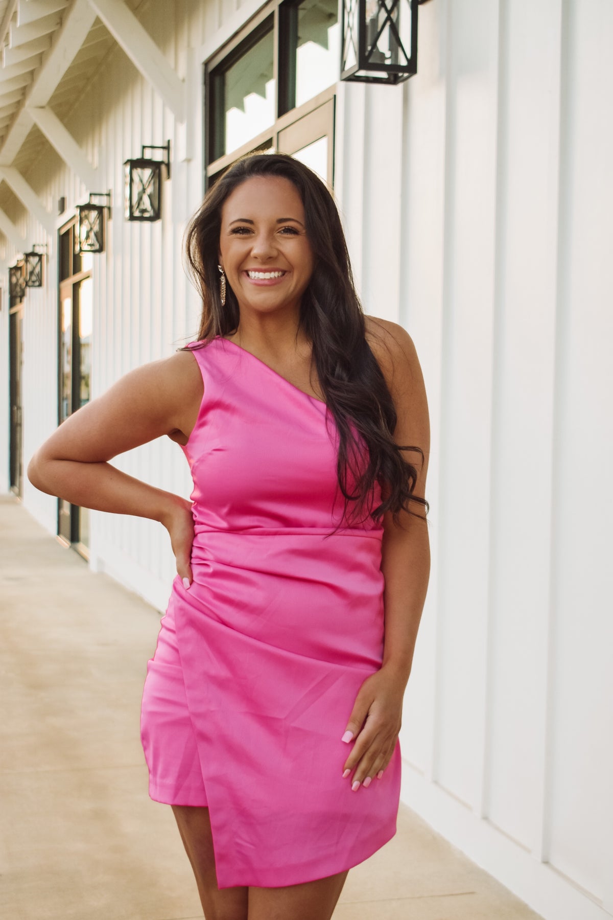 Hot pink asymmetrical, one shoulder dress