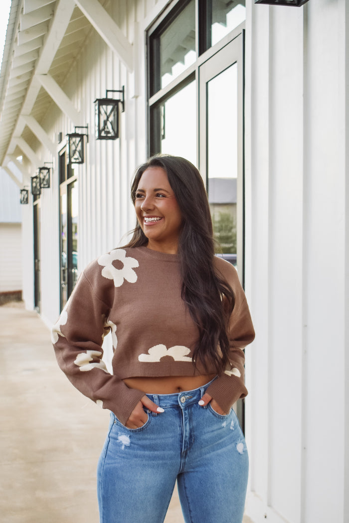 Brown cropped floral knit sweater 