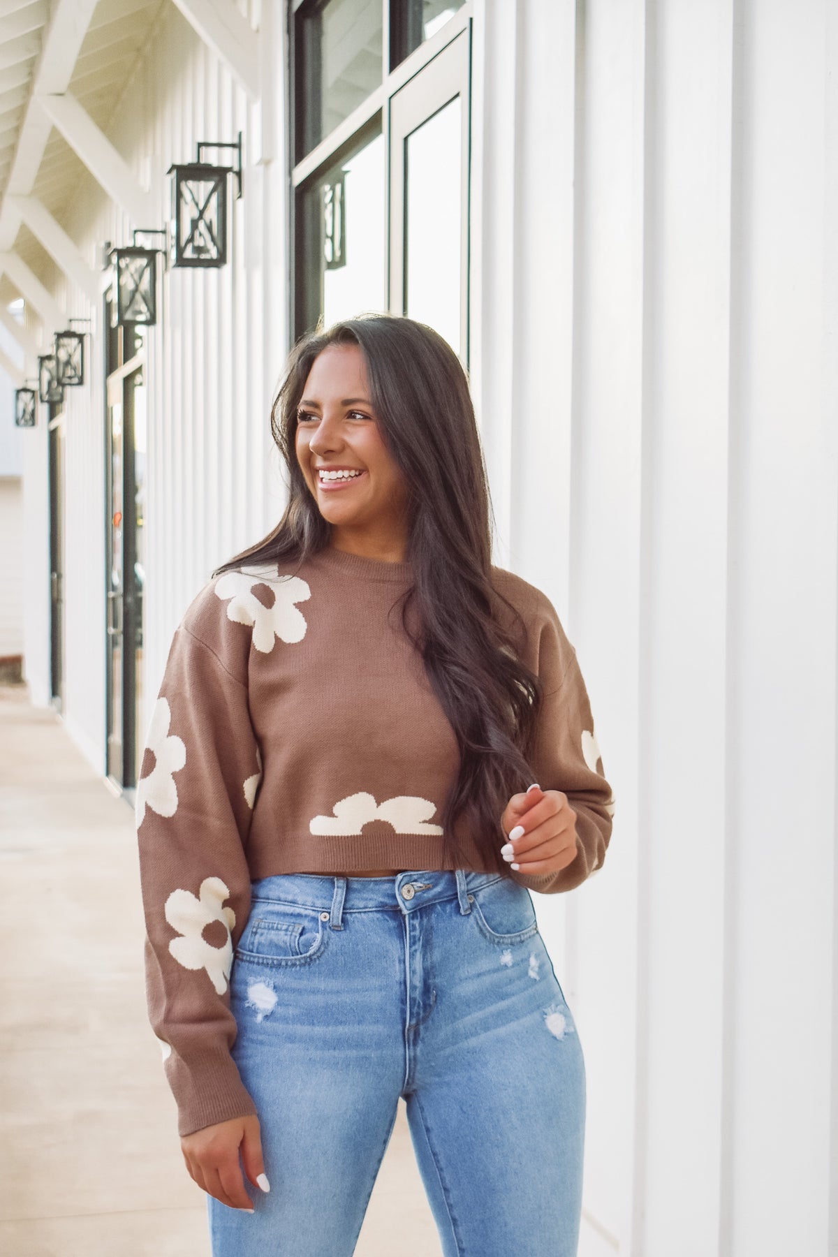 Brown cropped floral knit sweater 