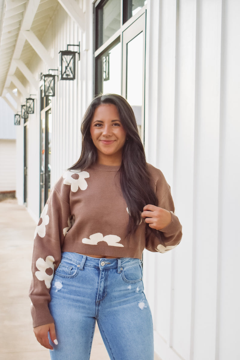 Brown cropped floral knit sweater 