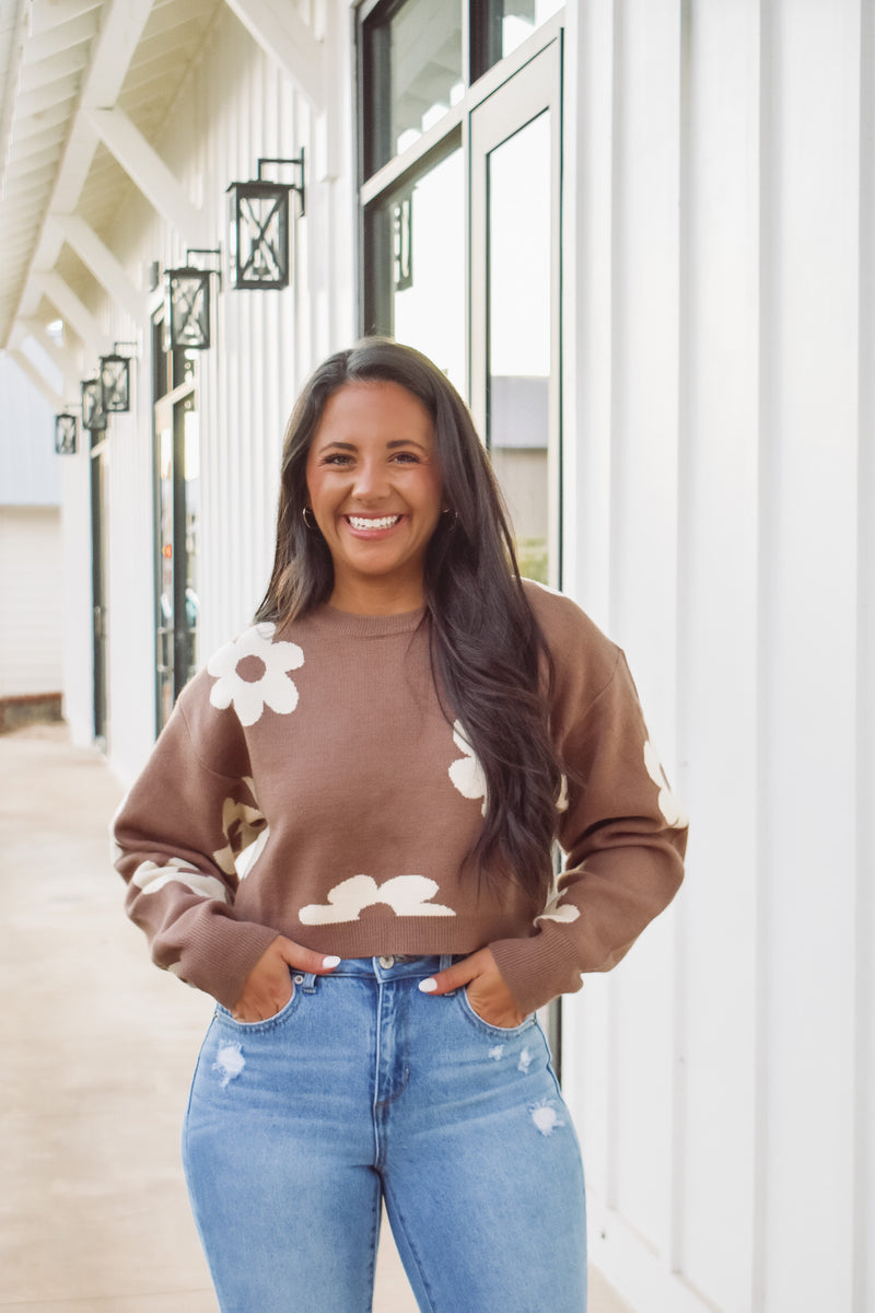 Brown cropped floral knit sweater 