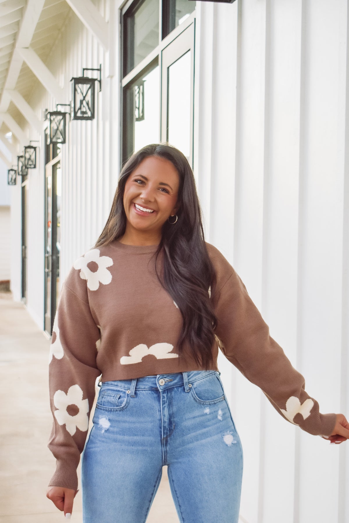 Brown cropped floral knit sweater 