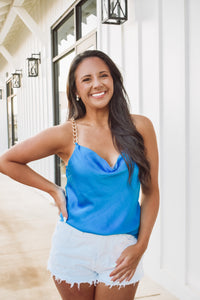 Beautiful ocean blue colored satin top with chain-link adjustable straps