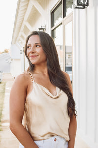 Beautiful nude colored satin top with chain-link adjustable straps