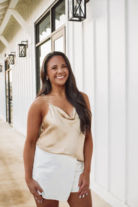 Beautiful nude colored satin top with chain-link adjustable straps